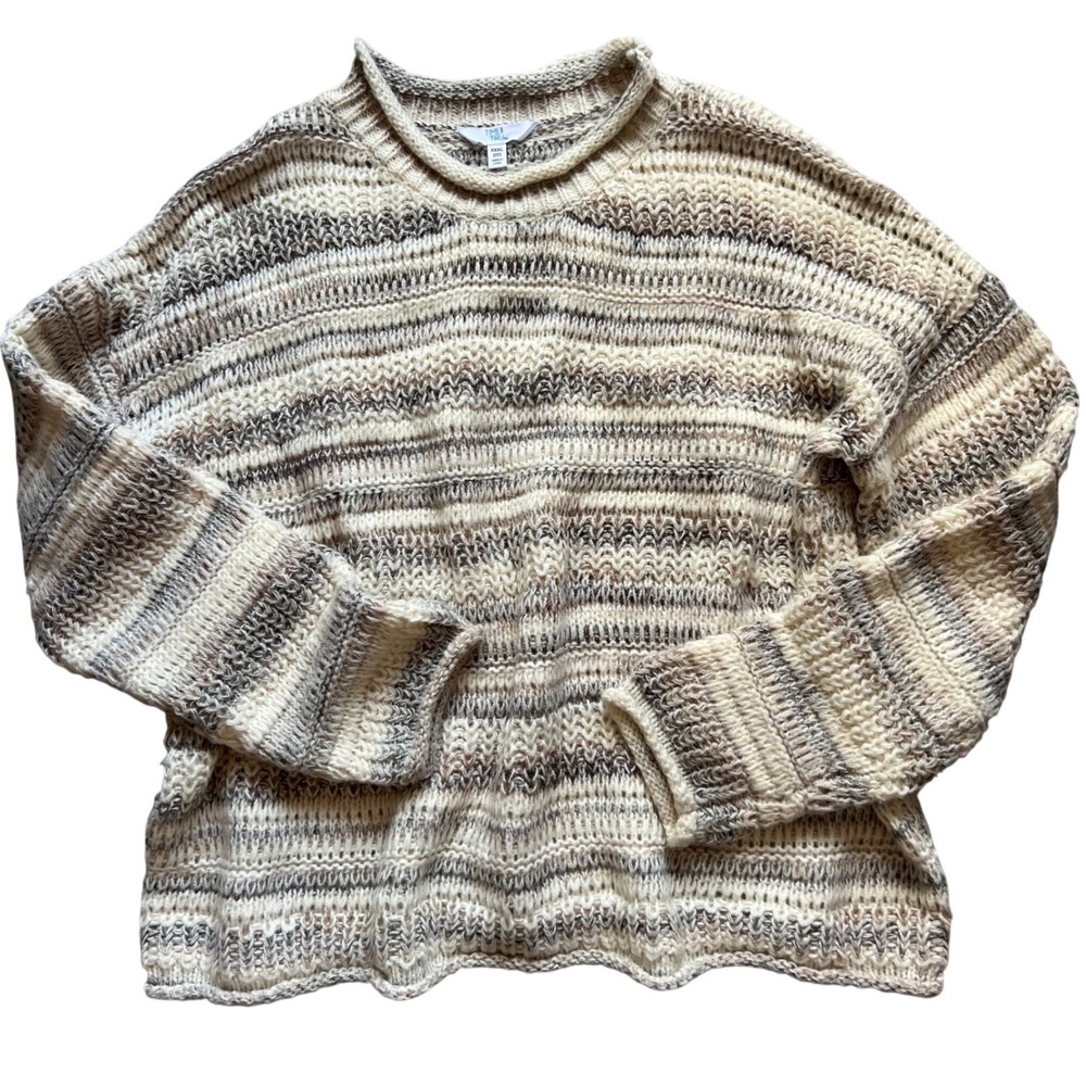 Time and Tru 3X Oversized Fisherman Knit Sweater Coastal Boho Neutral Striped